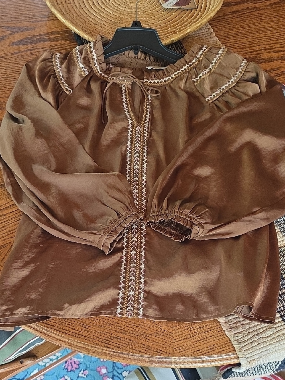 Lucky Brand Embroidered Boho Peasant Blouse - Dark Gold